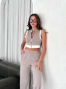 Osy Modal Yumuşak Dokulu Kumaş Tam Fermuarlı Crop Pantalon İkili Takım - Gri resmi
